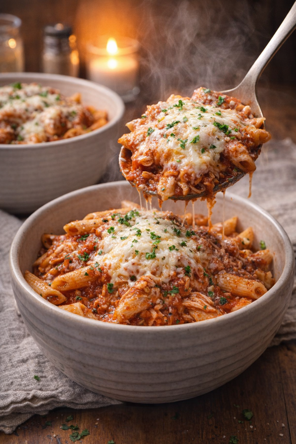 De kip-parmezaanpenne wordt in kommen geserveerd.