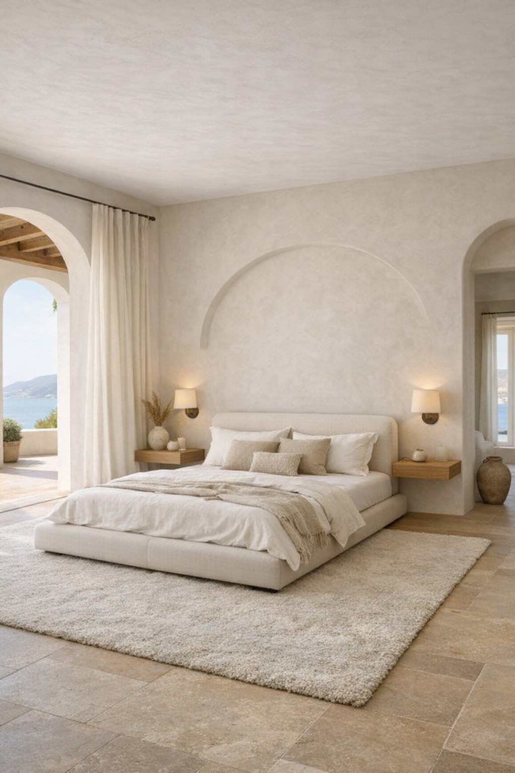 Calm Mediterranean bedroom with curved plaster wall and upholstered bed