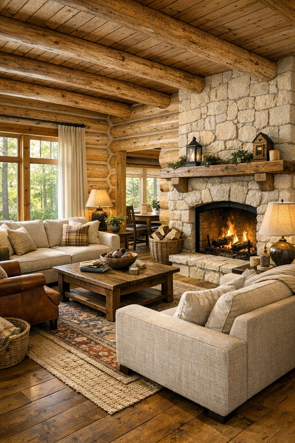 Bright log home living room with pale birch walls, stone fireplace, and cozy neutral seating