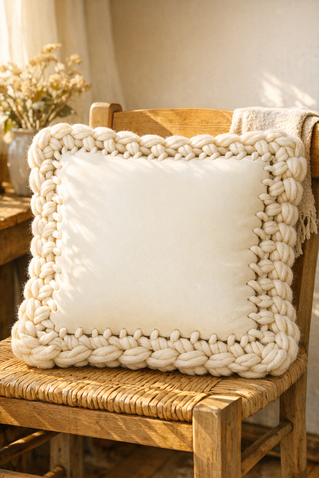 Finished cream crochet foam cushion throw pillow