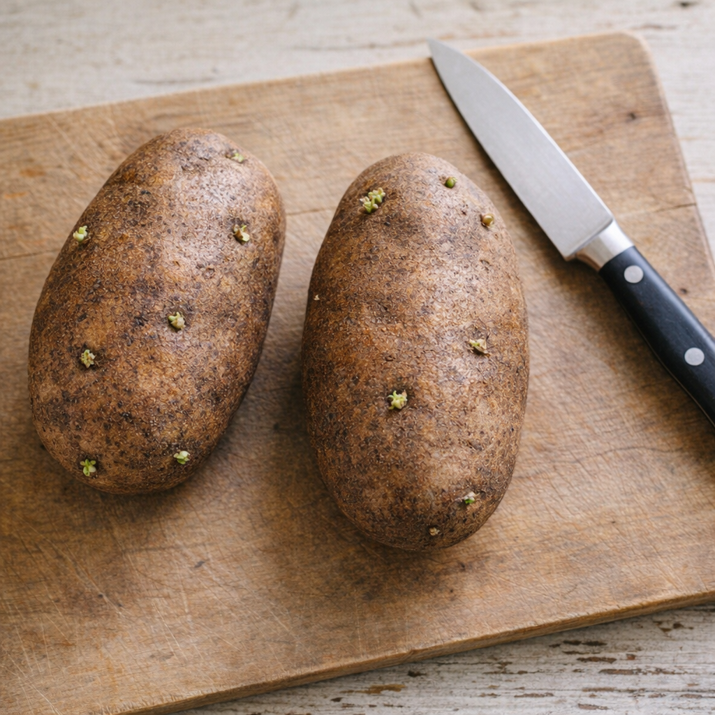 Firm potatoes with tiny sprouts beside a peeling knife