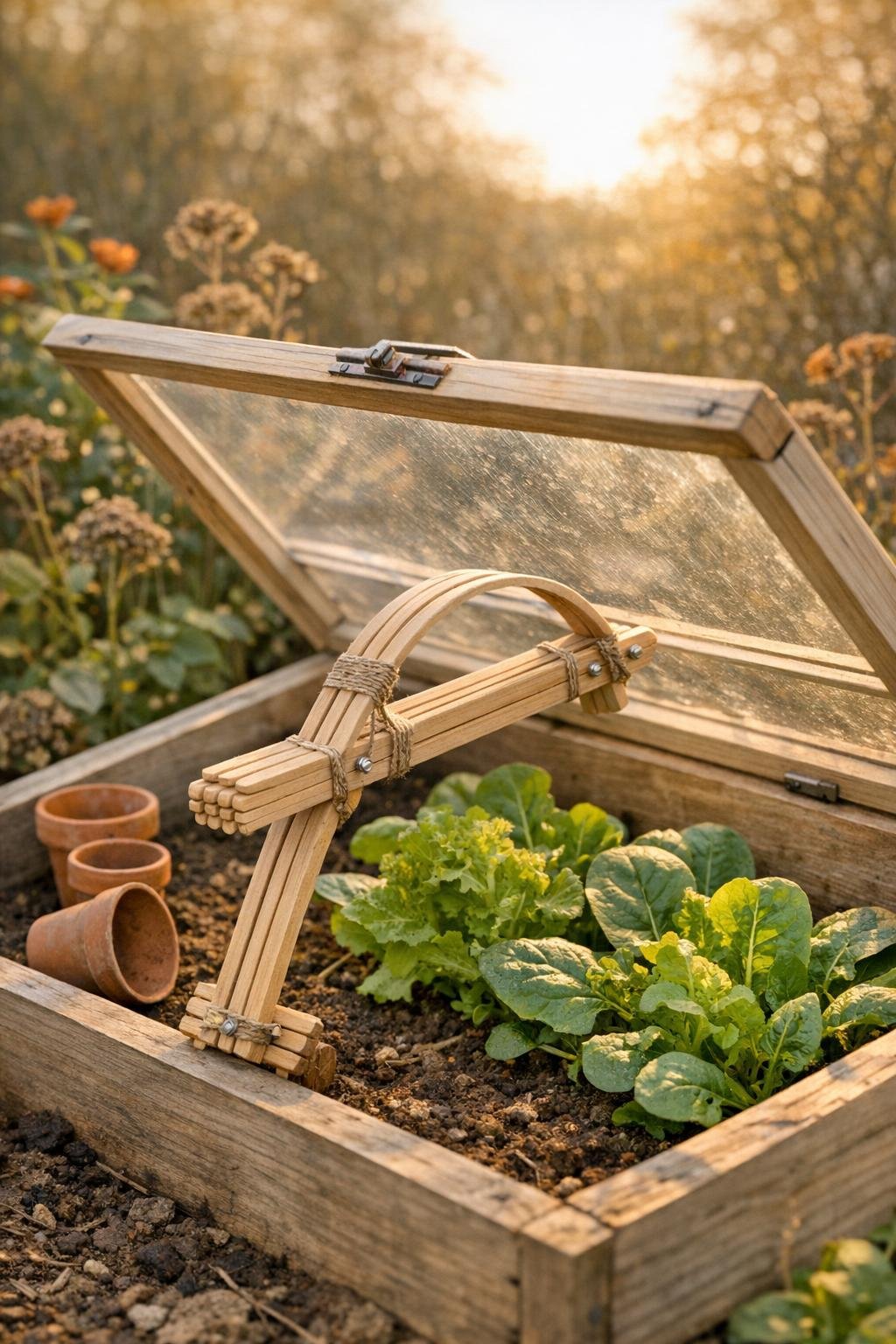 Finished popsicle-stick cold frame vent prop installed in a fall garden cold frame