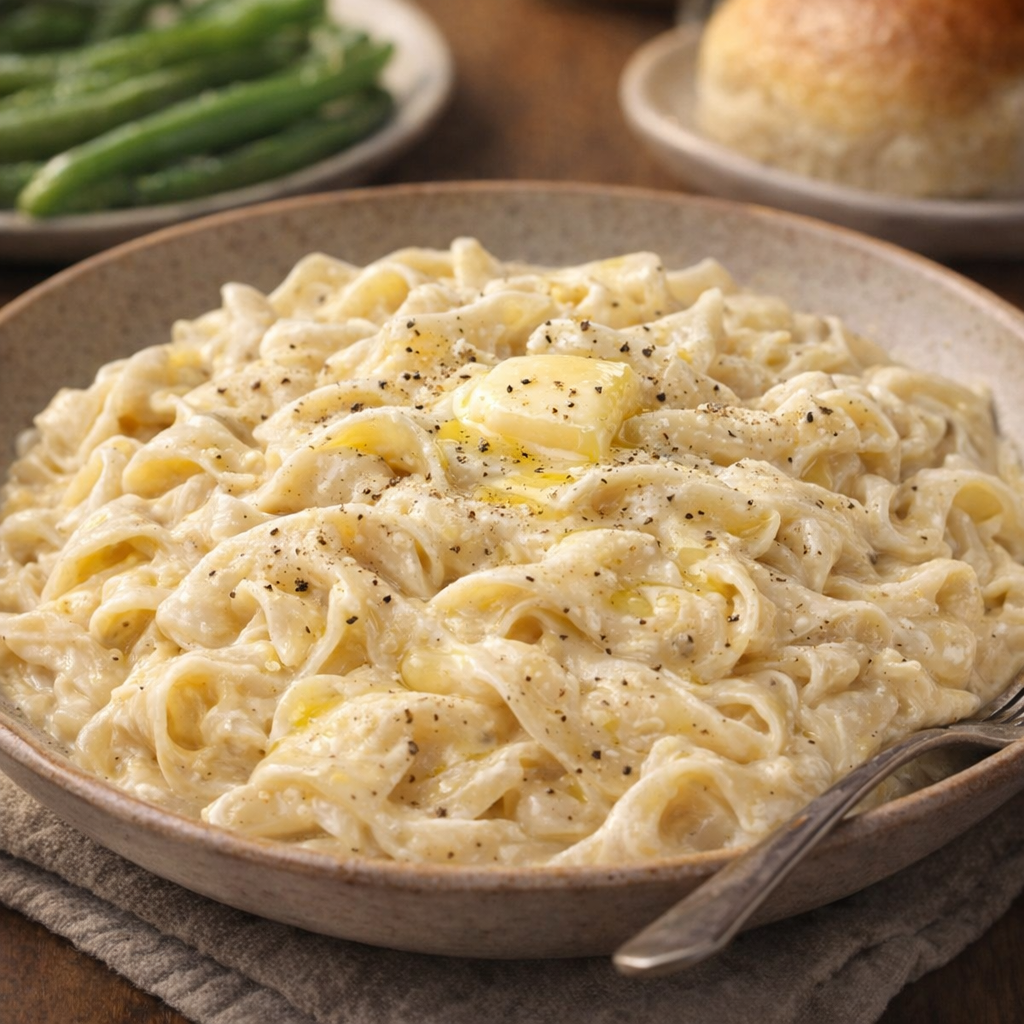 Finished creamy noodles served in a rustic bowl
