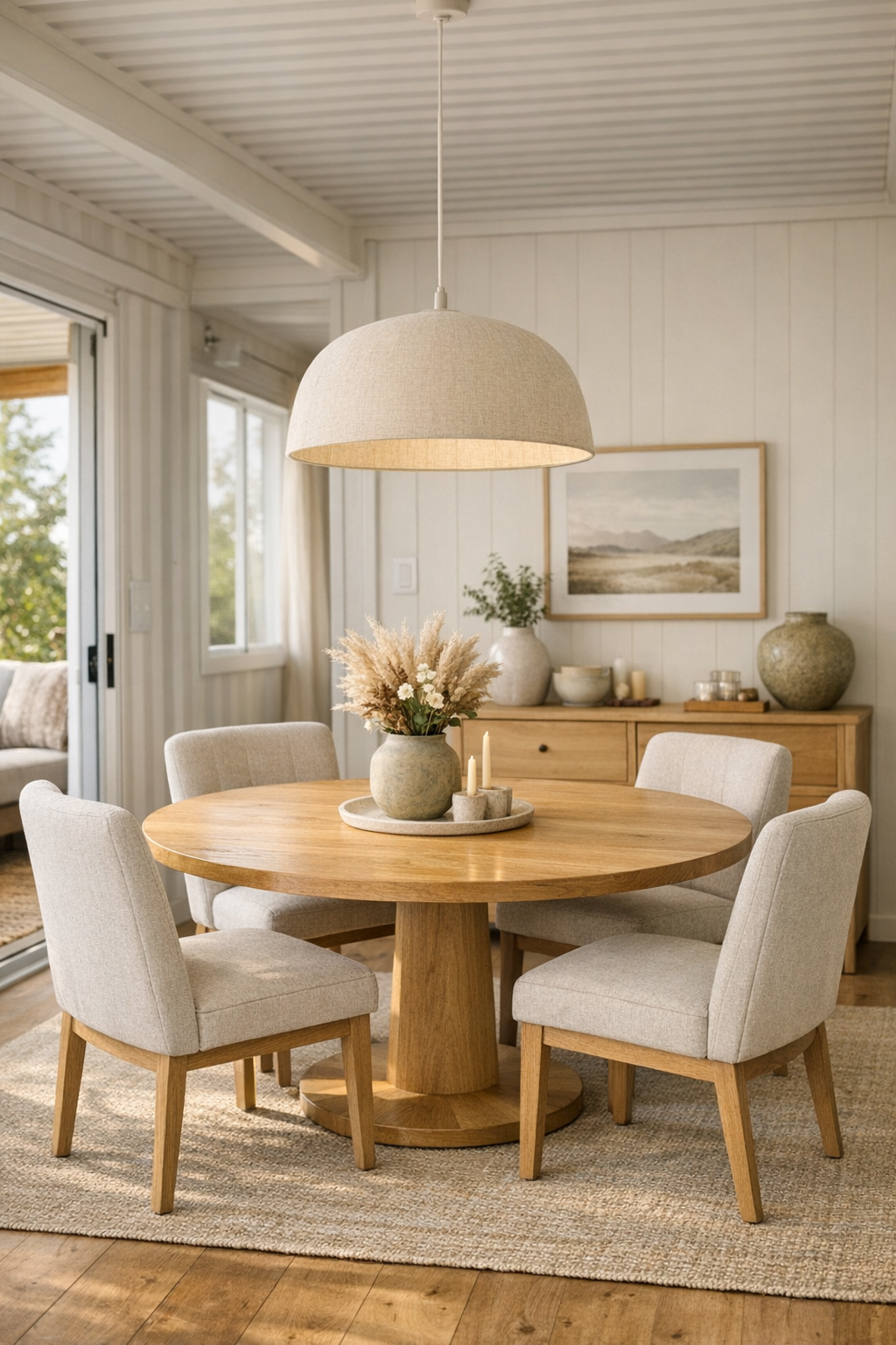 Soft neutral dining room with round oak table and upholstered chairs
