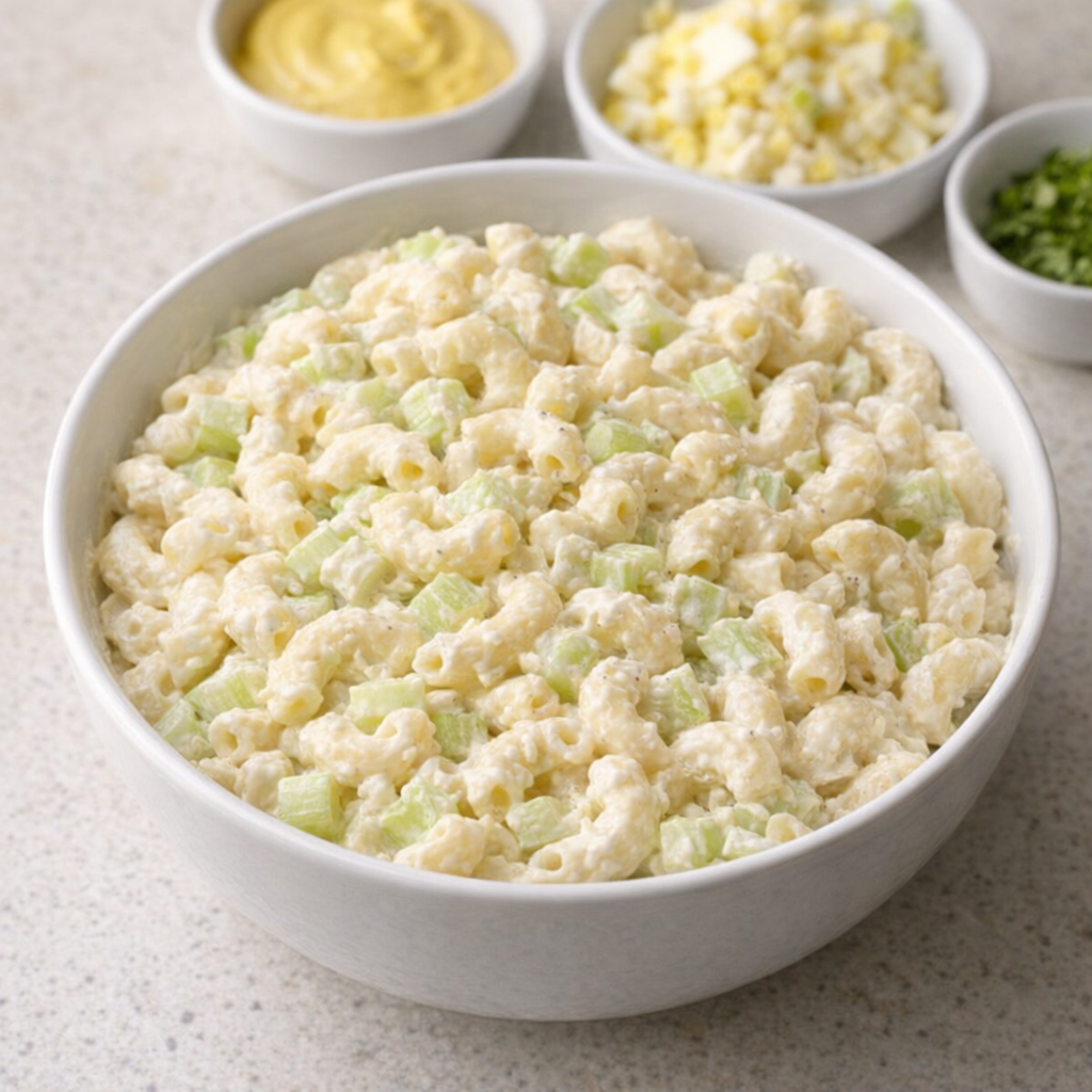 Serving bowl of macaroni salad with simple add-ins nearby