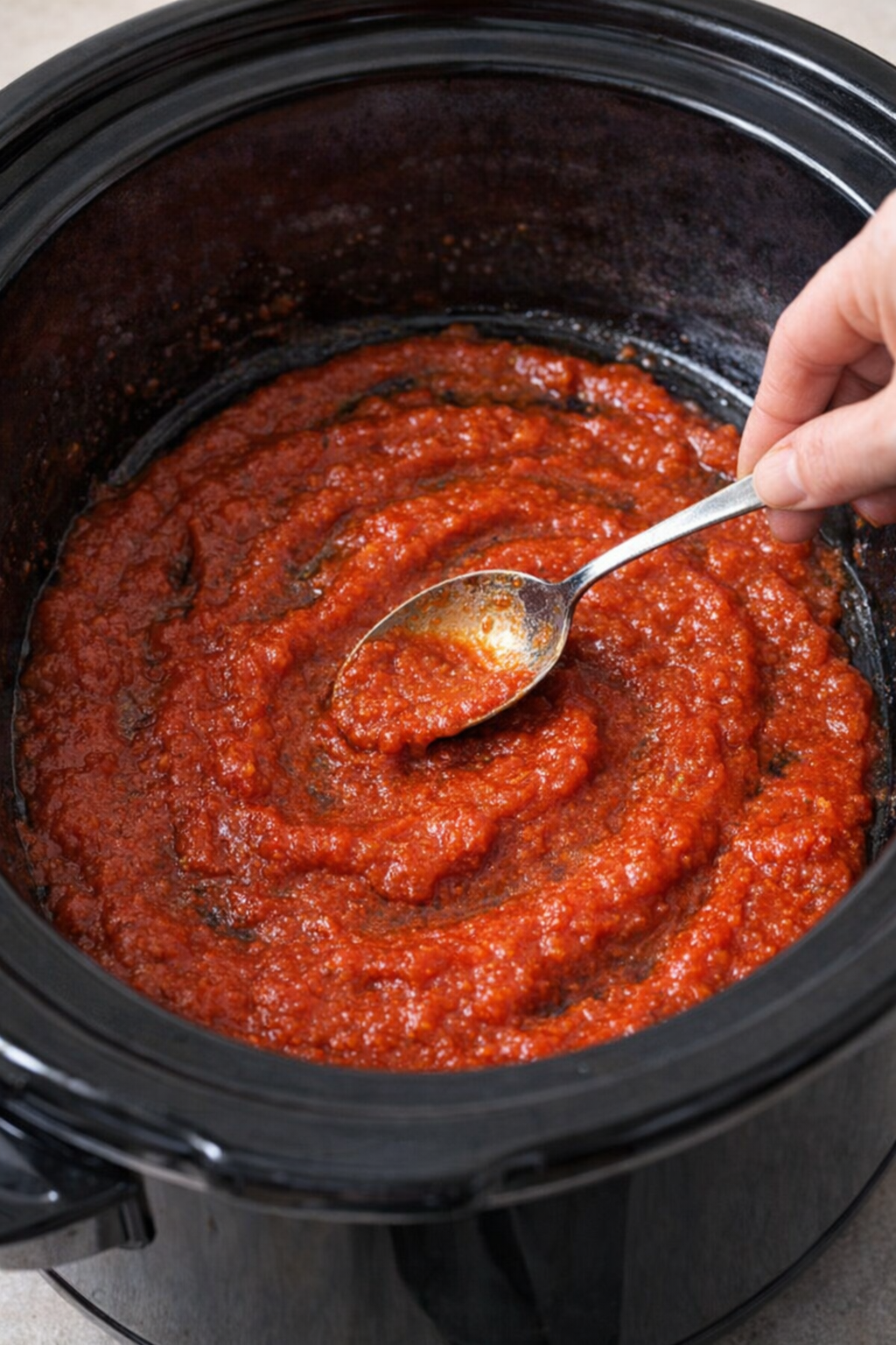 Marinara spread in the bottom of a slow cooker