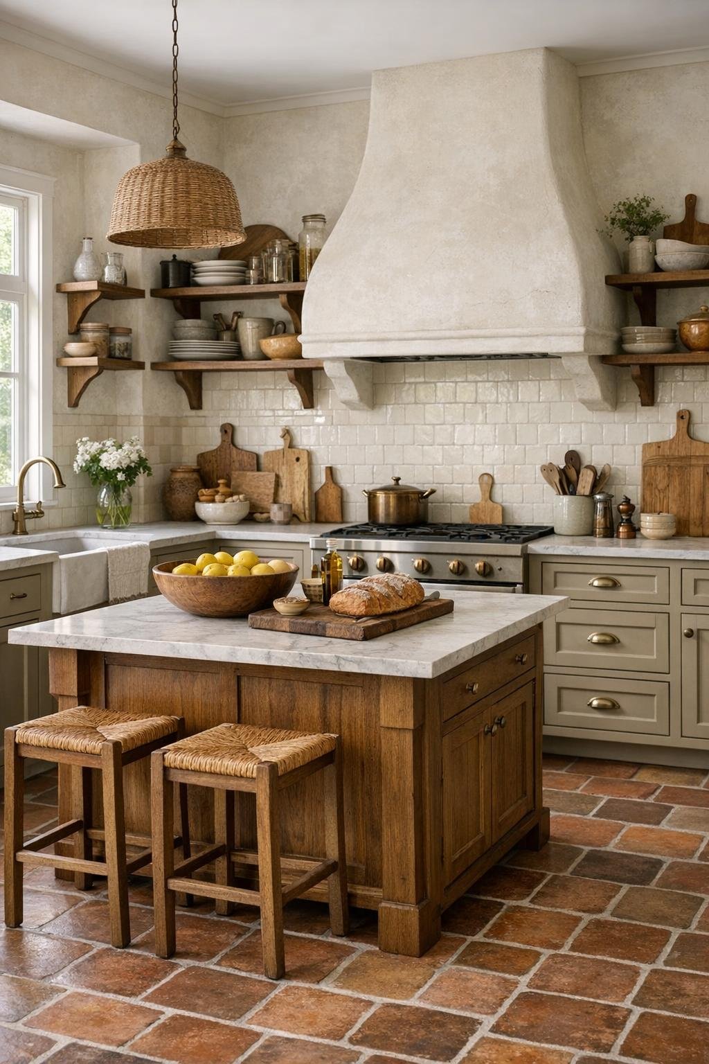 Warm cottage kitchen with putty cabinetry and a wood island