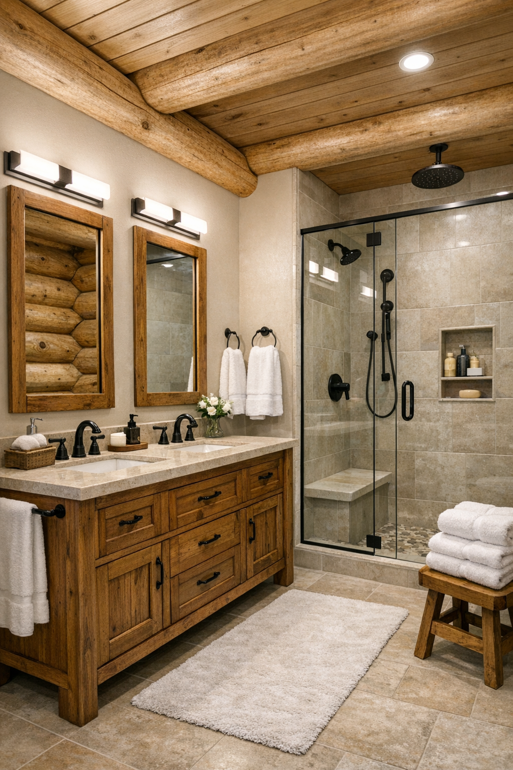 Bright rustic bathroom with custom wood vanity, stone surfaces, and a glass shower