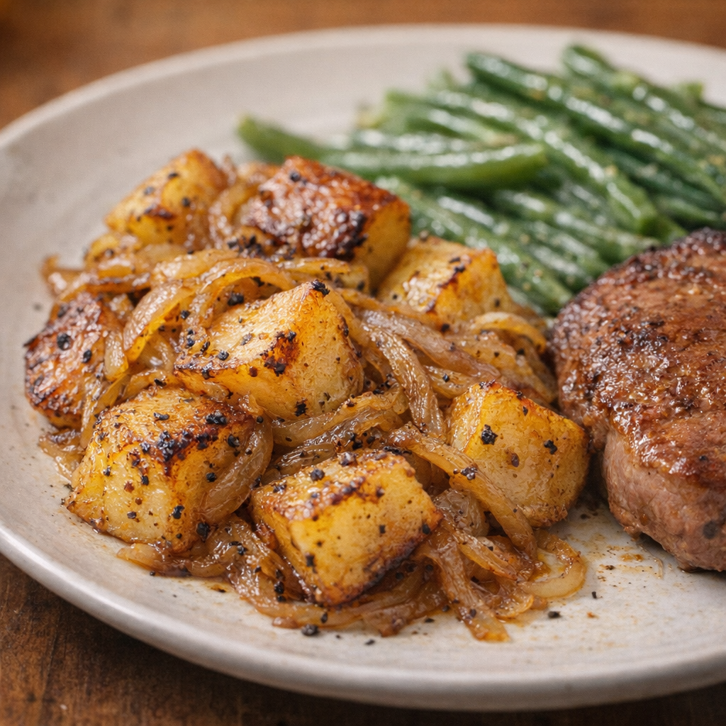 Served roasted potatoes and onions alongside a simple weeknight dinner