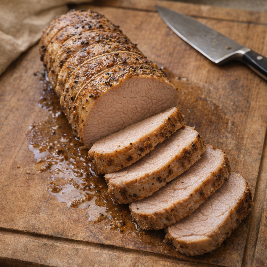 Sliced pork loin resting on a wooden cutting board