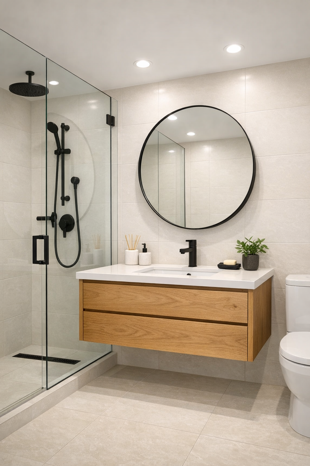 Compact modern bathroom with floating oak vanity and glass shower