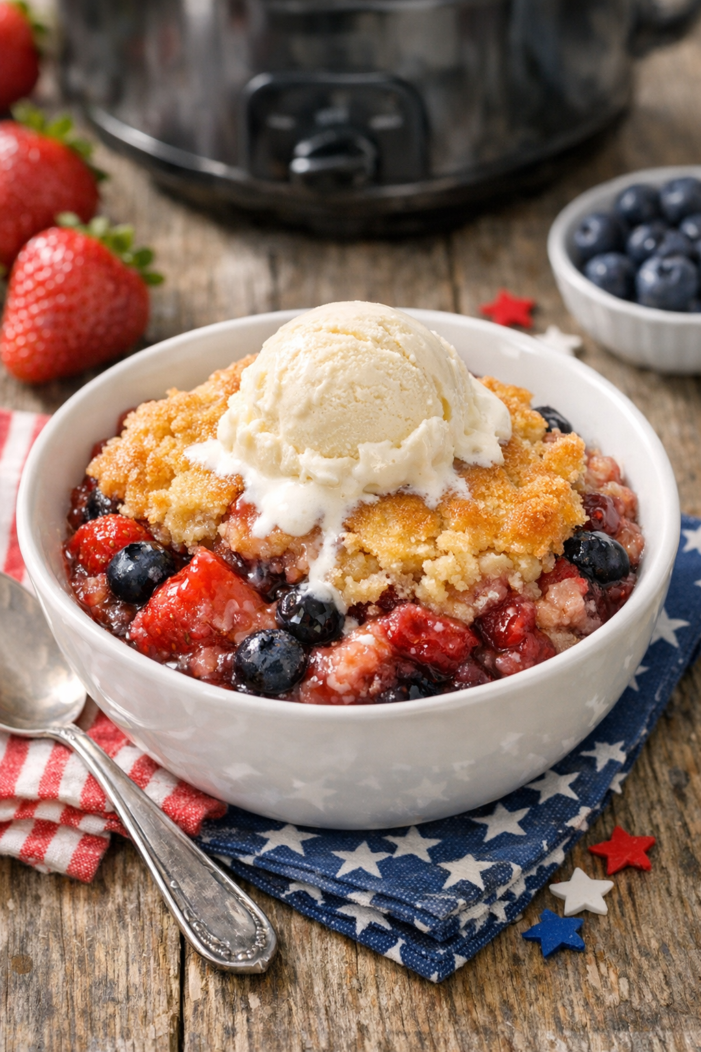Finished slow cooker marshmallow berry dessert in a serving bowl