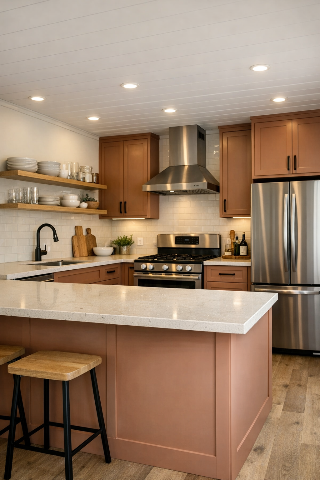 Kitchen with clay-toned cabinets, muted coral island, quartz counters, and ceramic tile backsplash