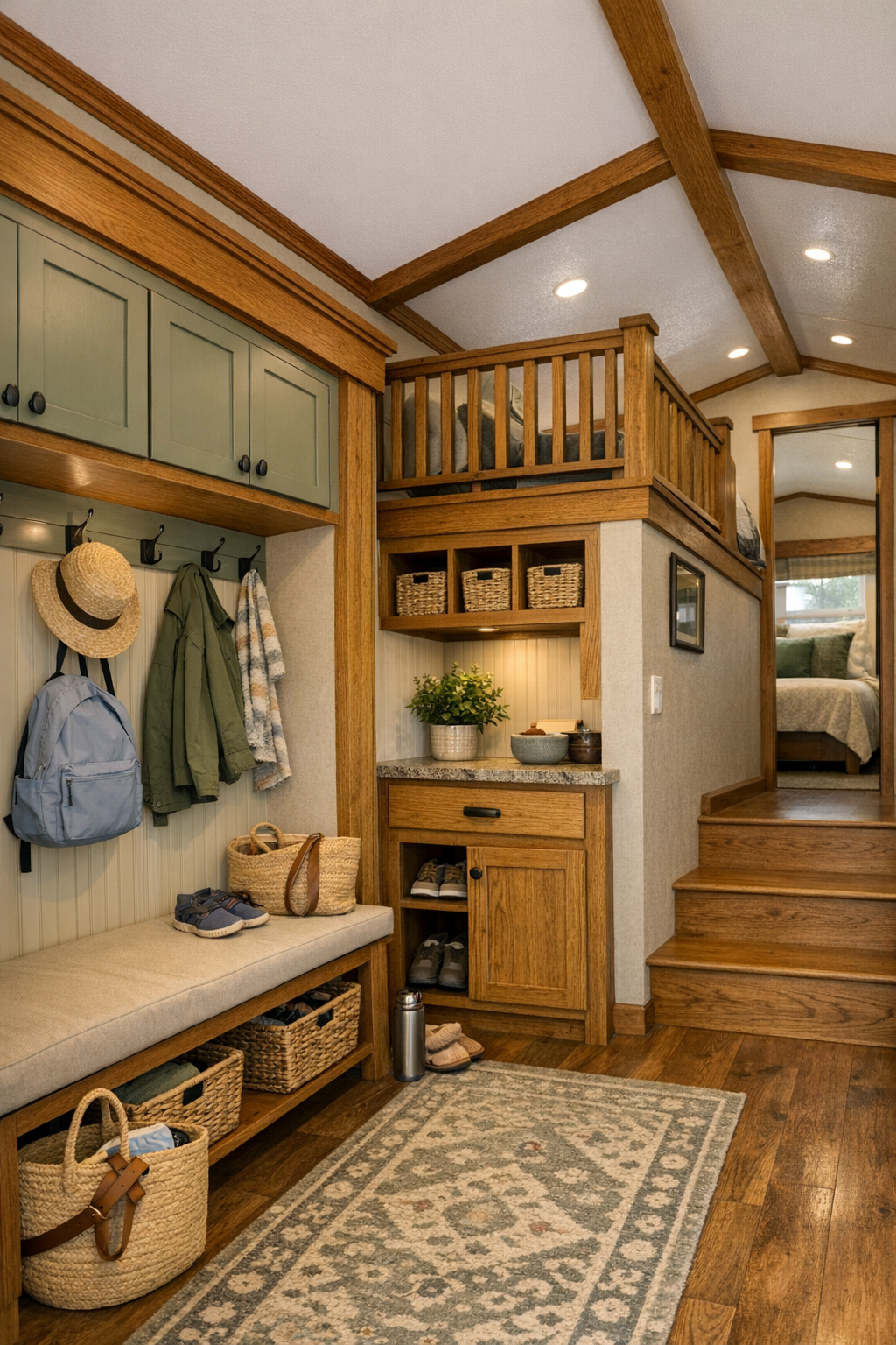 Thoughtful small entry and loft area with built-ins, hooks, and warm craftsman details