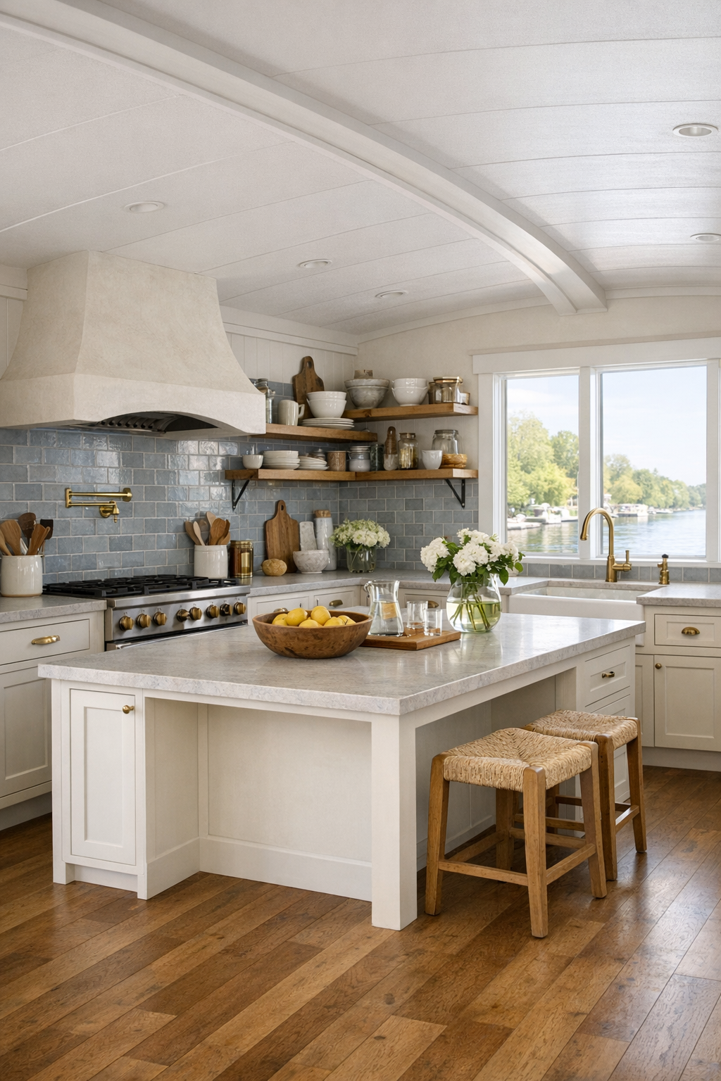Barrier-free French country kitchen with creamy cabinetry, pale stone counters, and a soft blue-gray backsplash