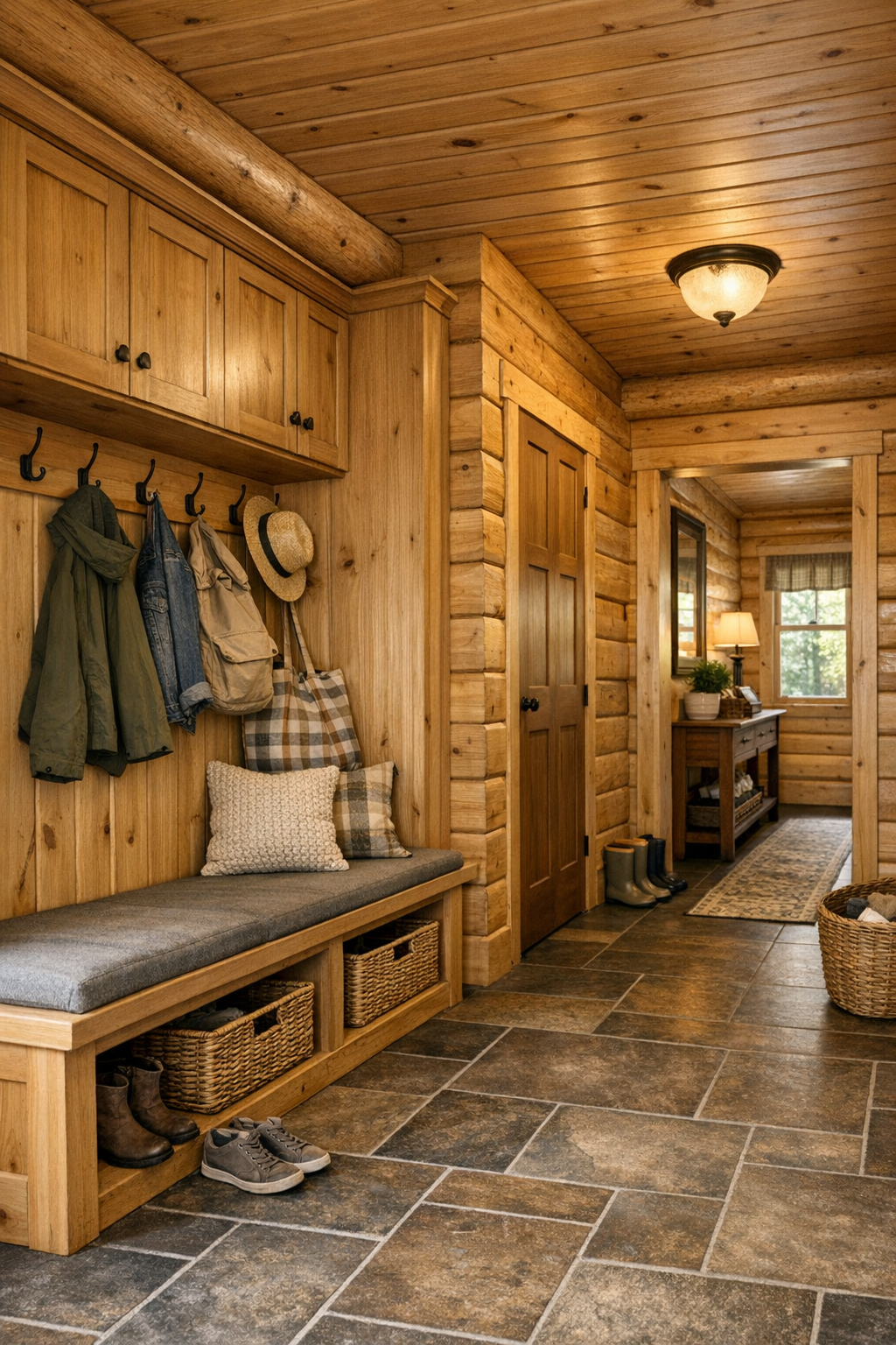 Cozy mudroom and hallway in a log home with bench and built-in storage