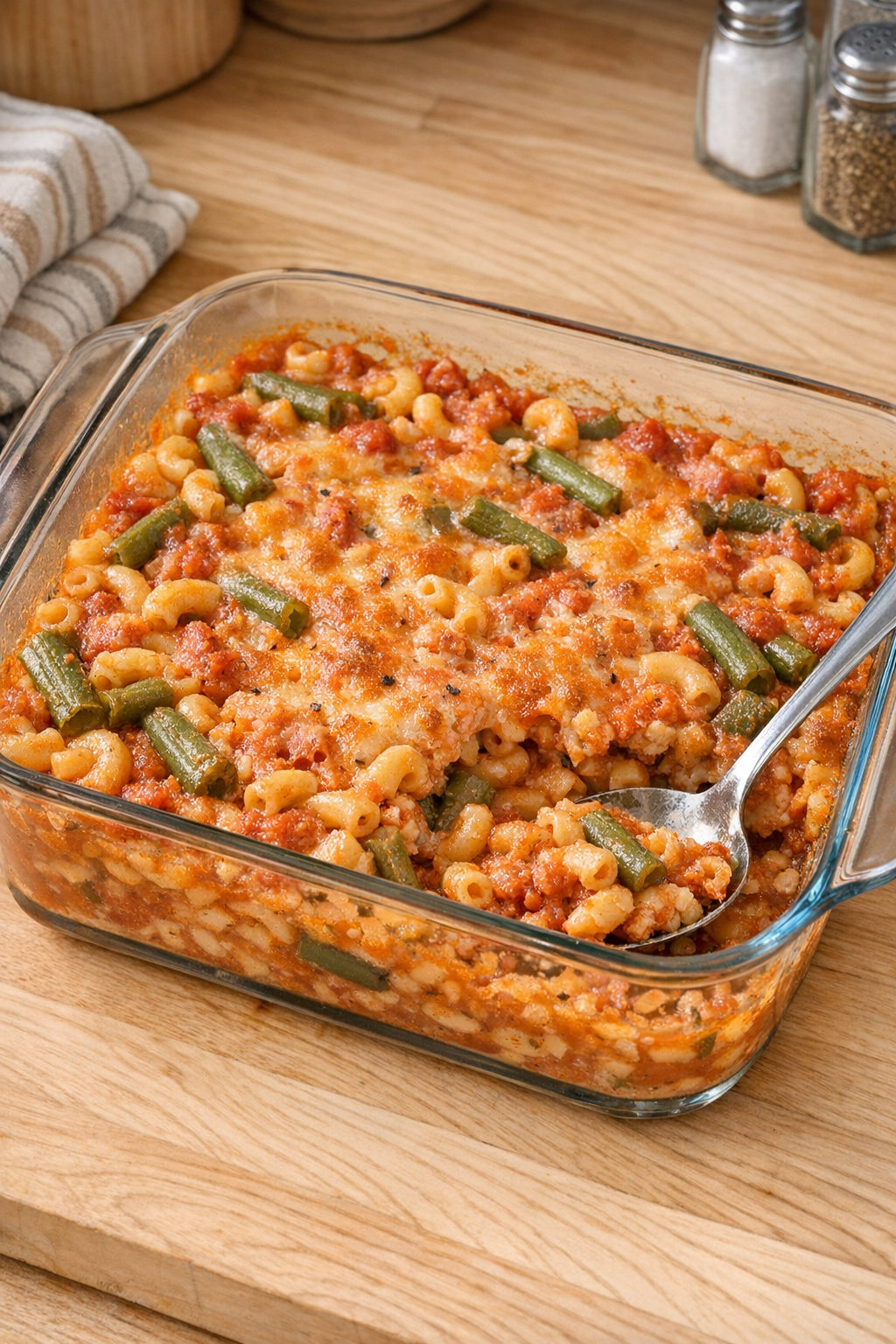 Finished baked Amish green bean macaroni in a glass baking dish