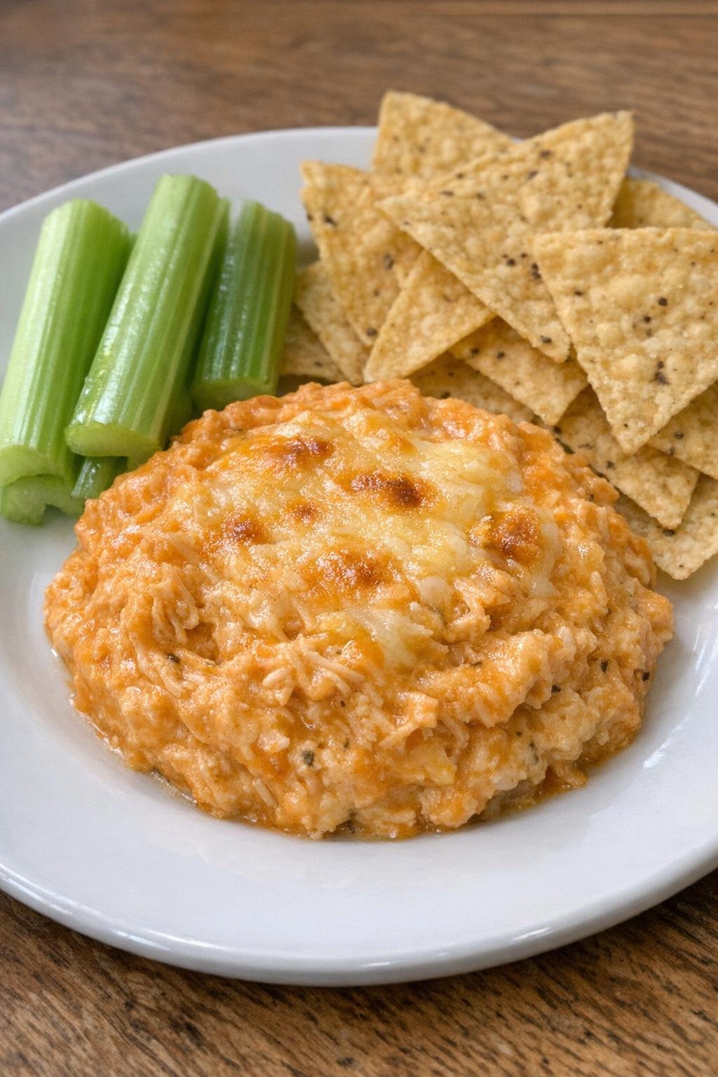 Single serving of slow cooker buffalo chicken dip with celery sticks and tortilla chips