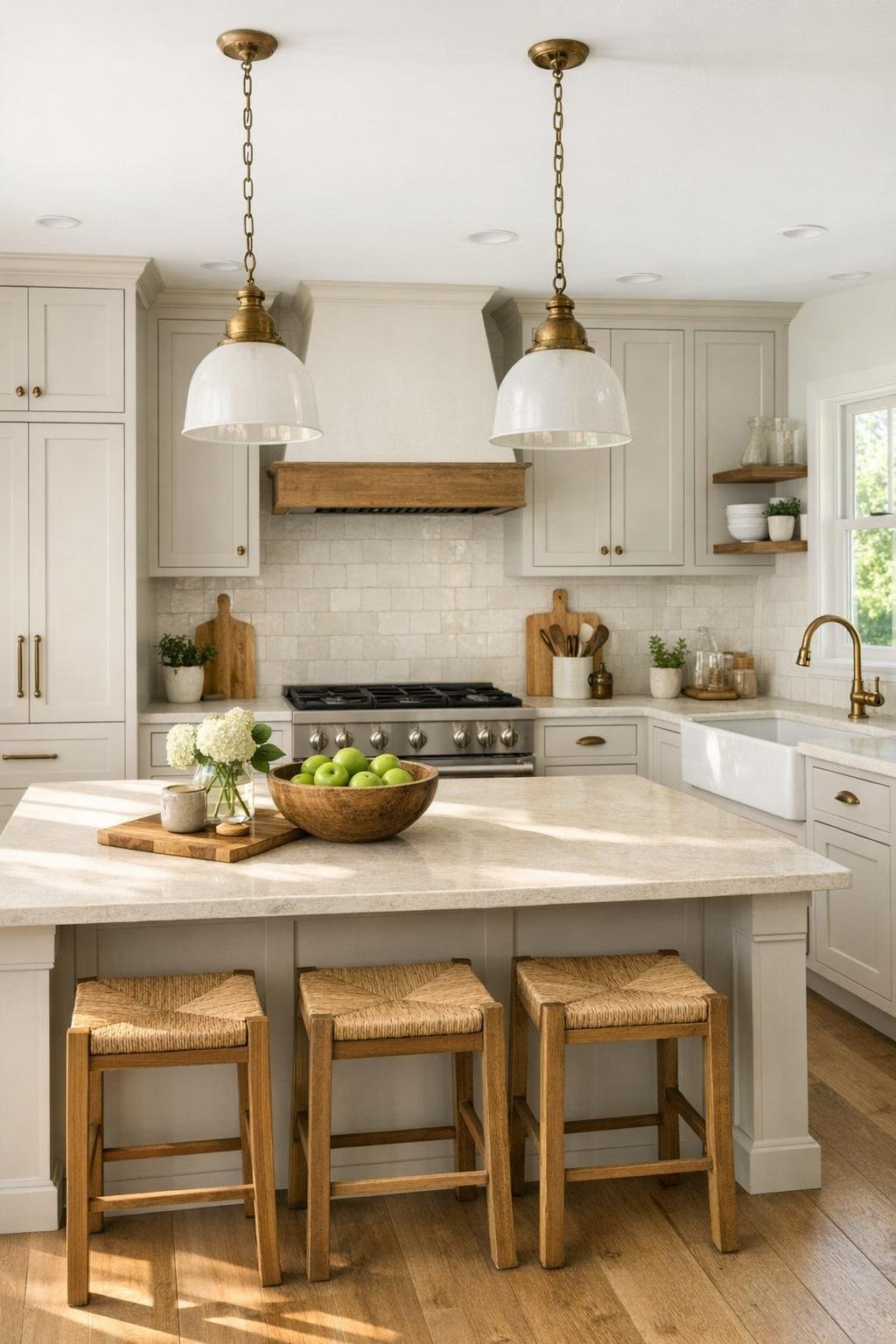 Bright farmhouse kitchen with a large island, soft taupe cabinetry, and brass hardware