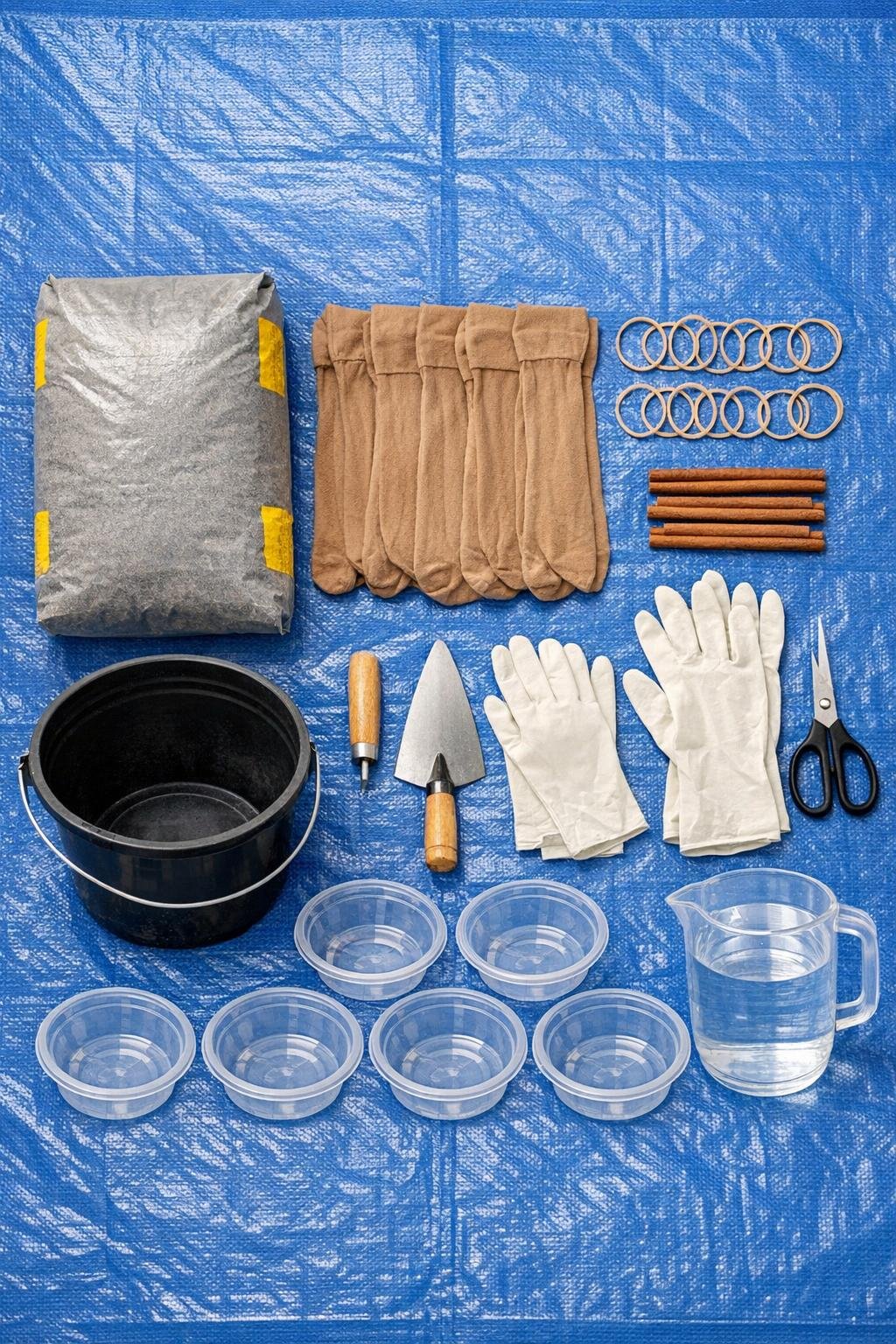 Materials for the concrete stocking project laid out on a tarp