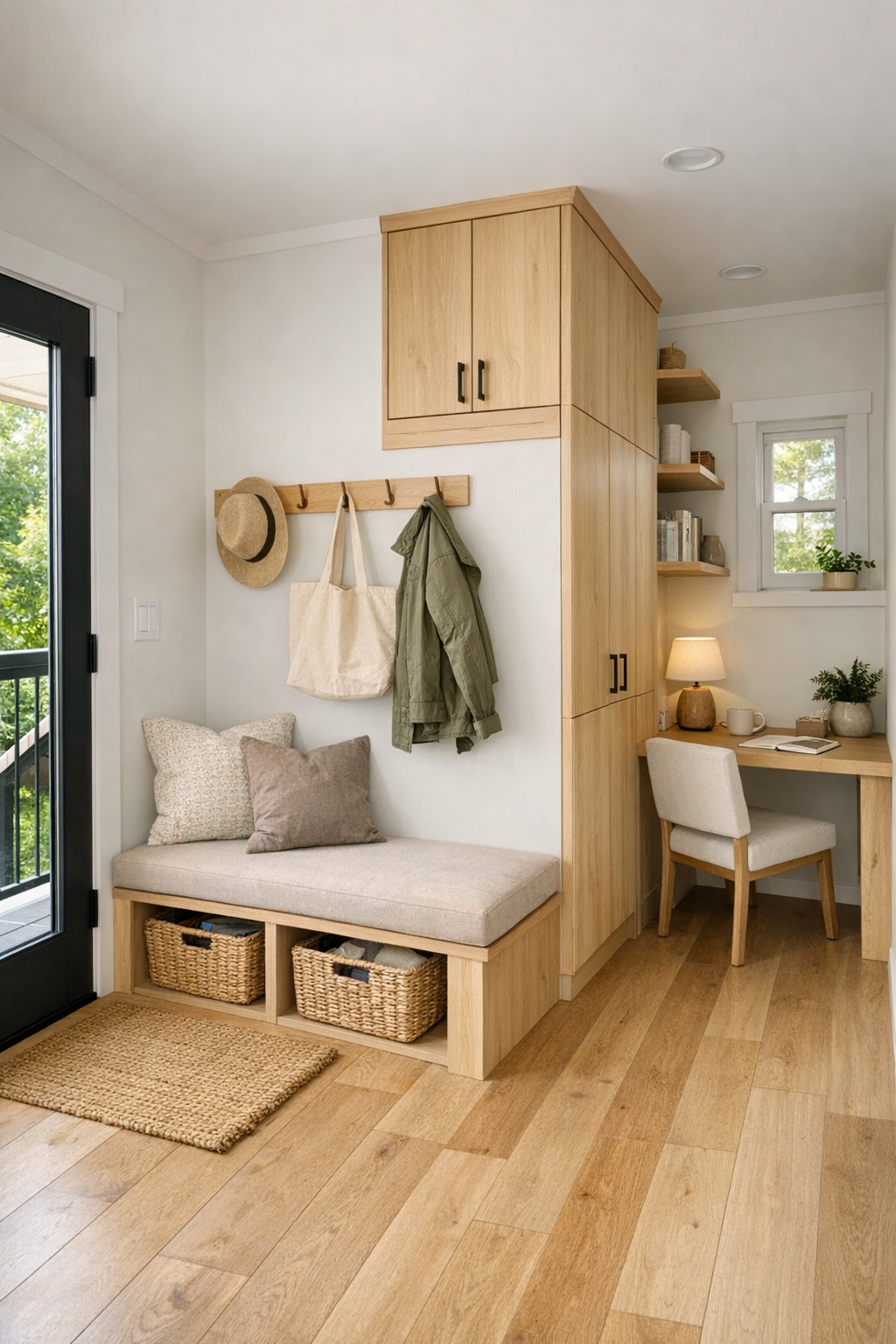 Tiny home entry and flex nook with built-in bench, pale wood storage, and calm neutral finishes