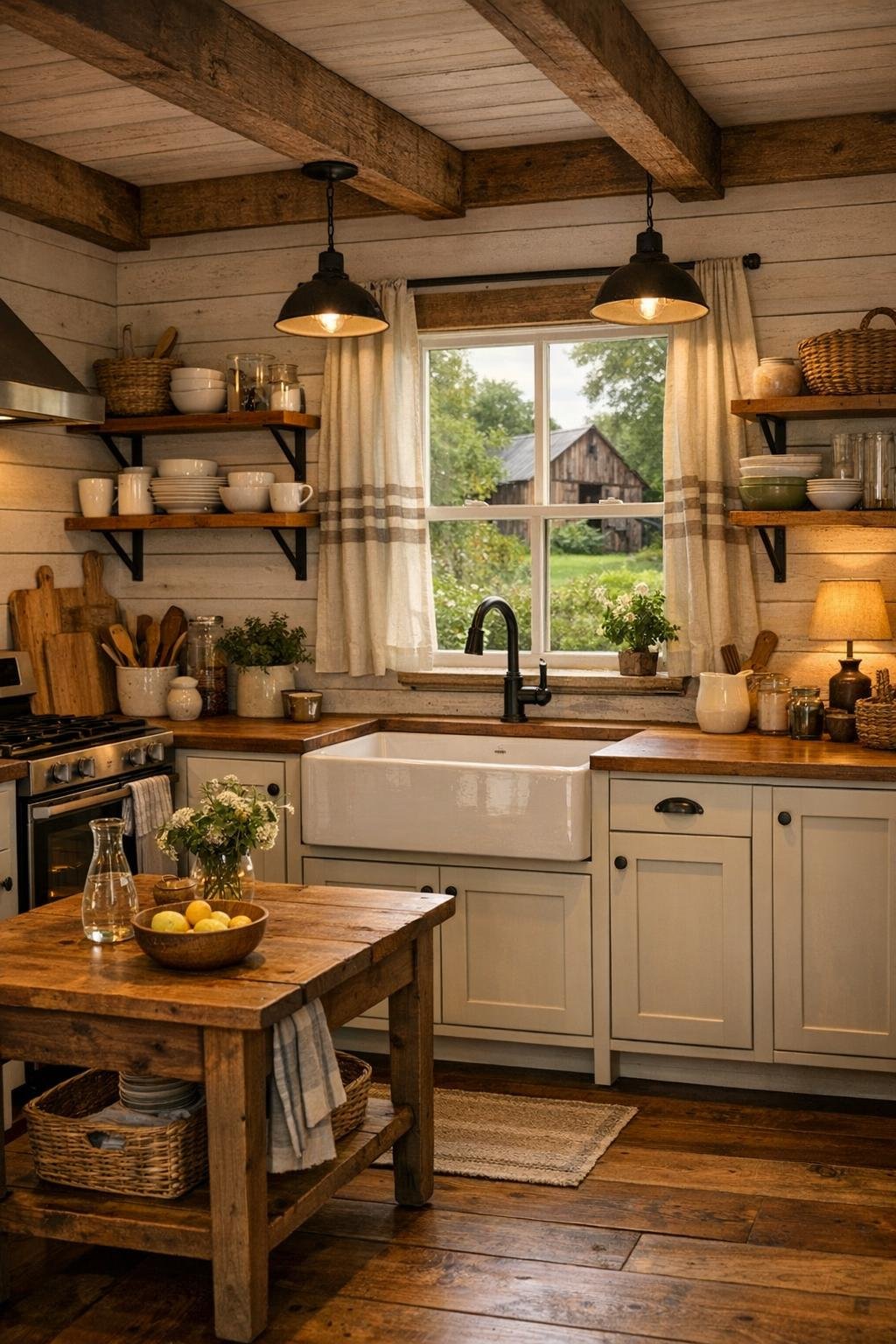 Tiny home farmhouse kitchen with sage cabinets, butcher-block counters, and apron sink