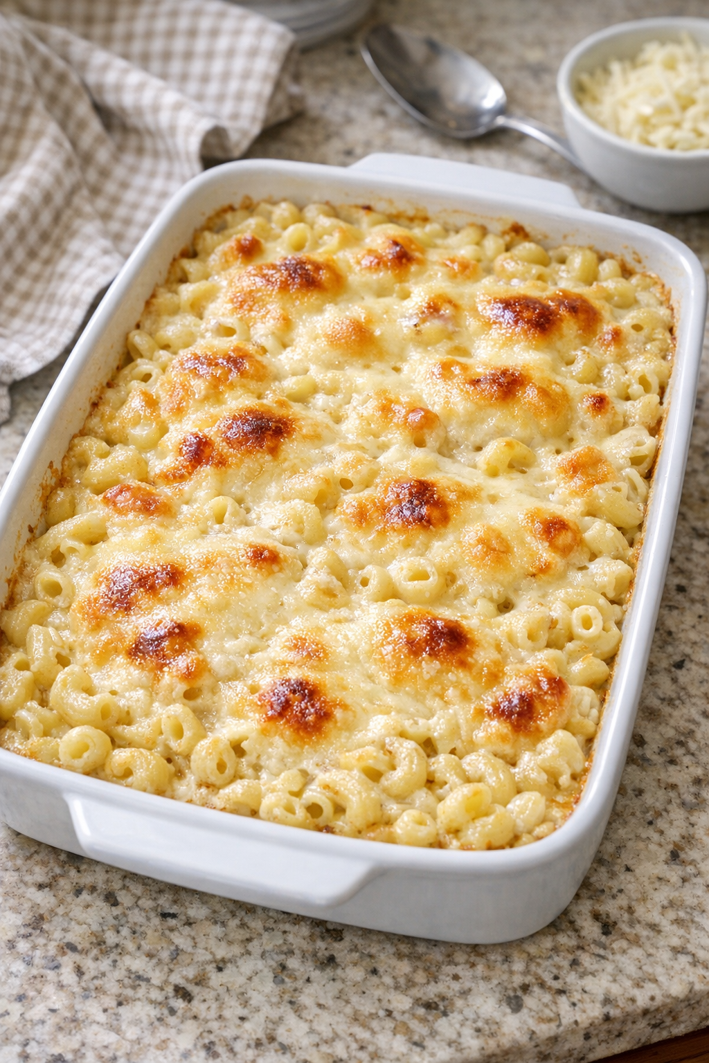 Baked provolone cream macaroni in a casserole dish