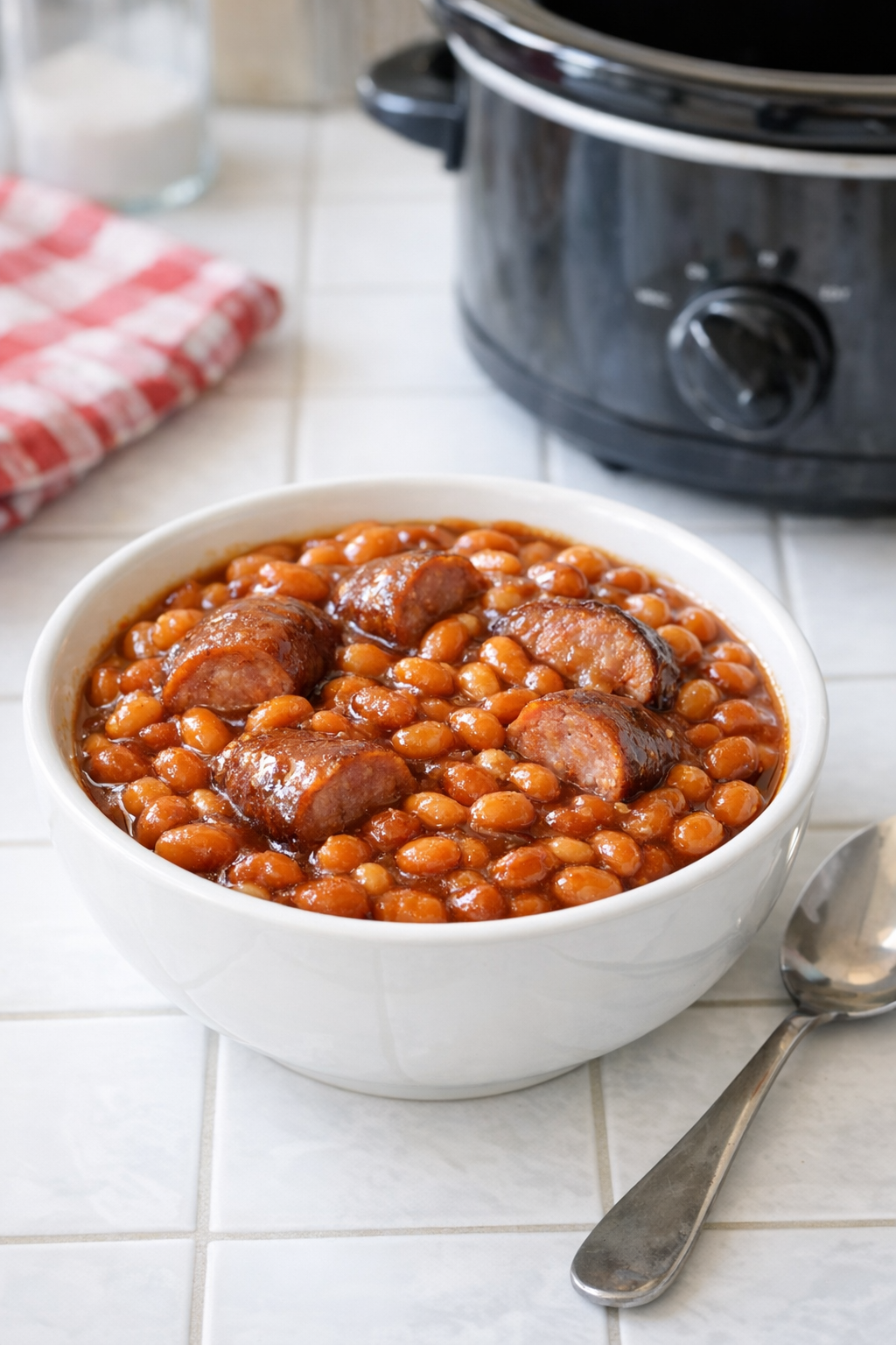 Finished slow cooker baked beans with sliced beef sausage in a serving bowl