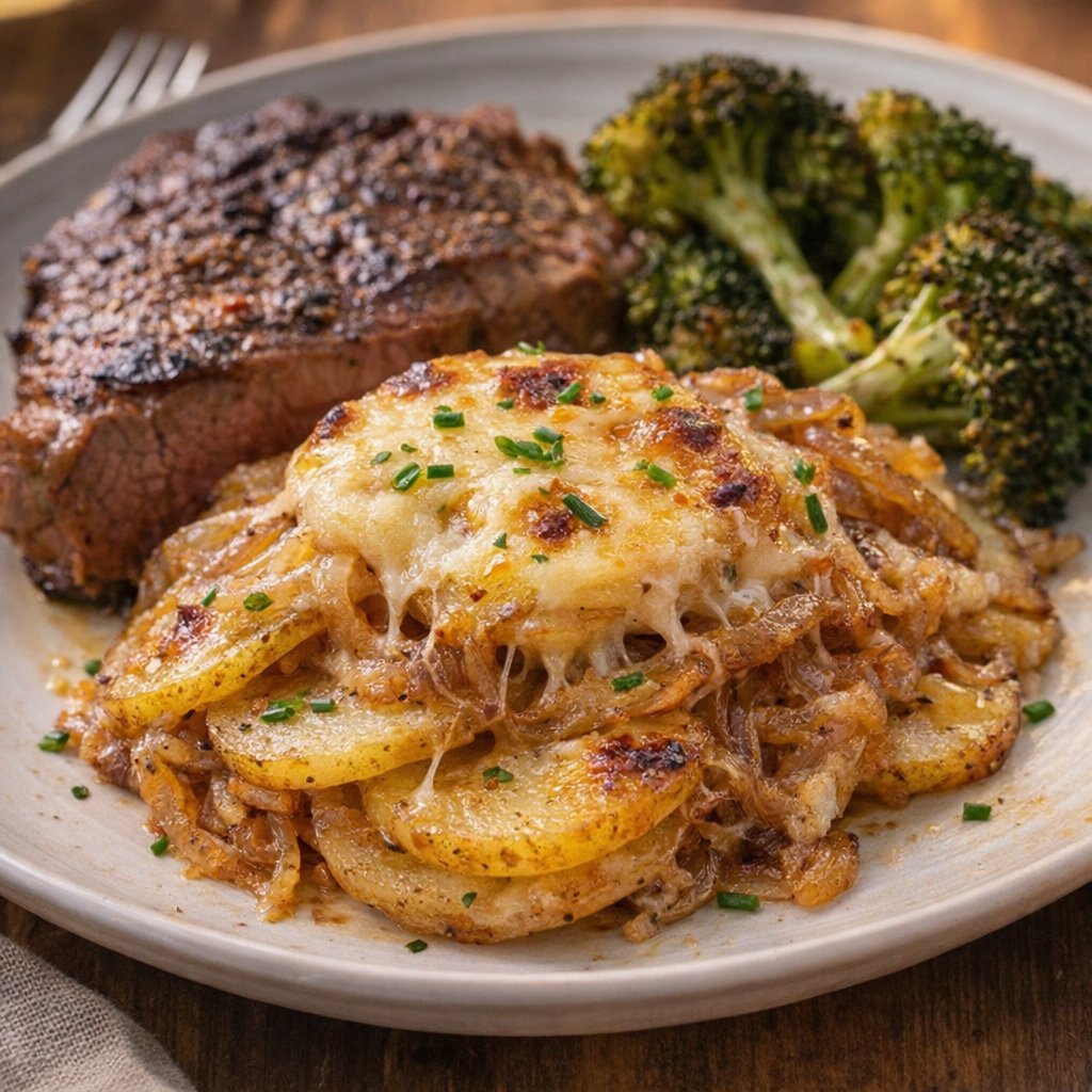 Served scoop of French onion potatoes on a dinner plate