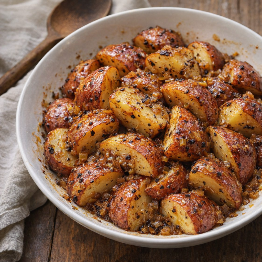 Slow cooker onion butter potatoes in a serving bowl