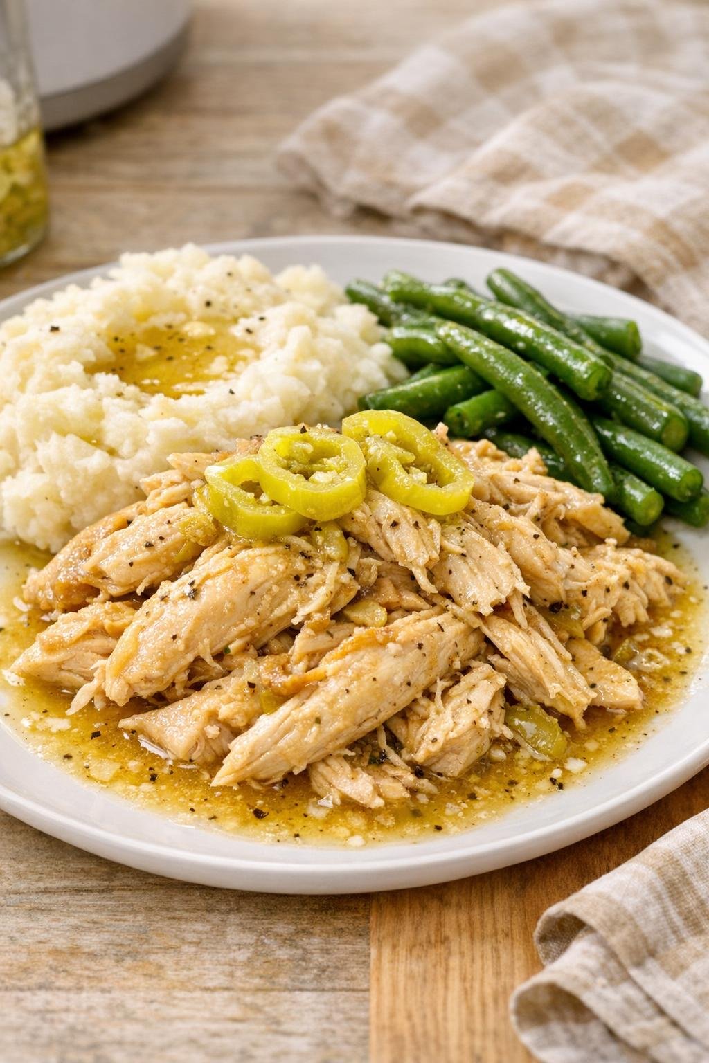 Finished Mississippi-style chicken plated with pepperoncini and juices