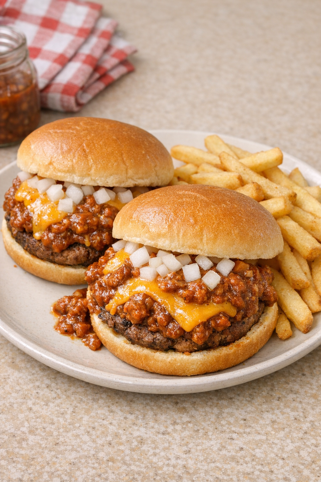 Finished plated chili cheese burgers with fries