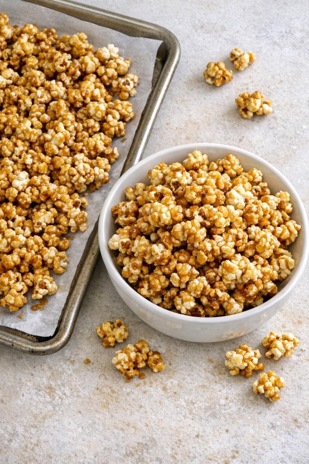 Finished baked caramel popcorn on a sheet pan