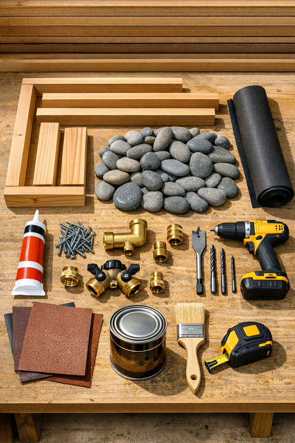 Materials for a cedar foot wash station laid out neatly