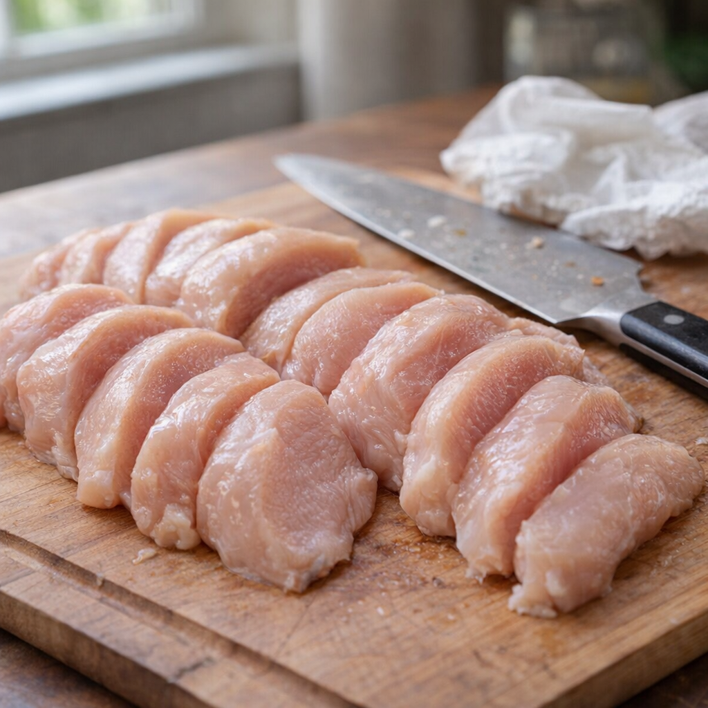 Leg de gesneden kipfilets op een snijplank voordat je de ovenschotel samenstelt.