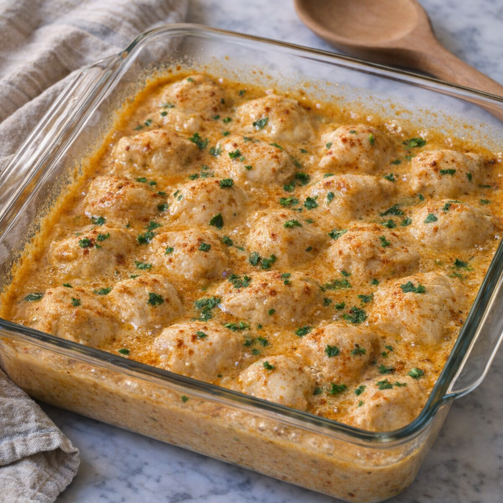 Creamy baked chicken casserole in a glass dish