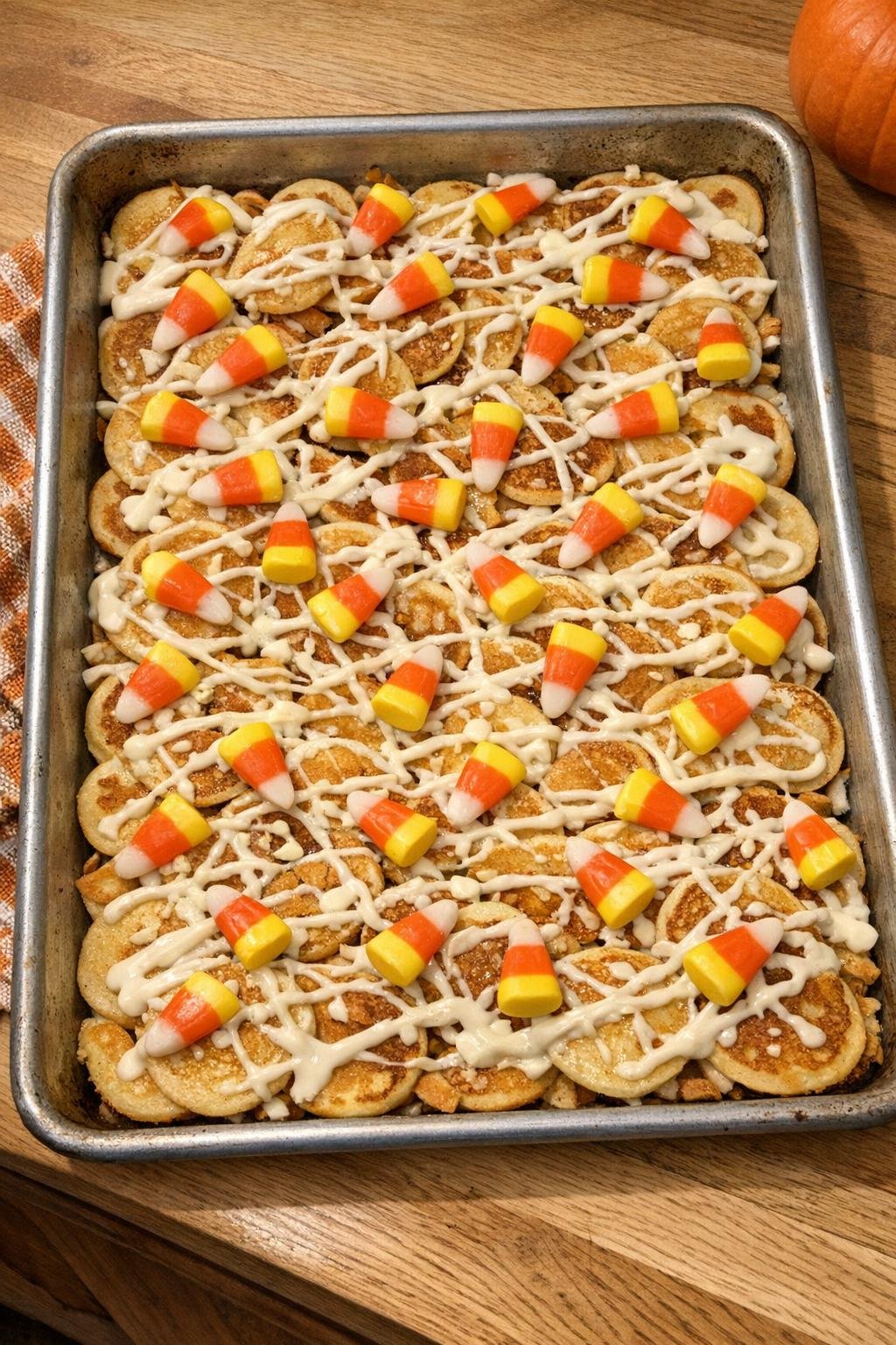 Finished Halloween pancake dessert on a sheet pan