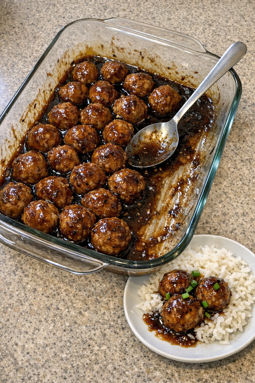 Finished baked chicken meatballs in sauce
