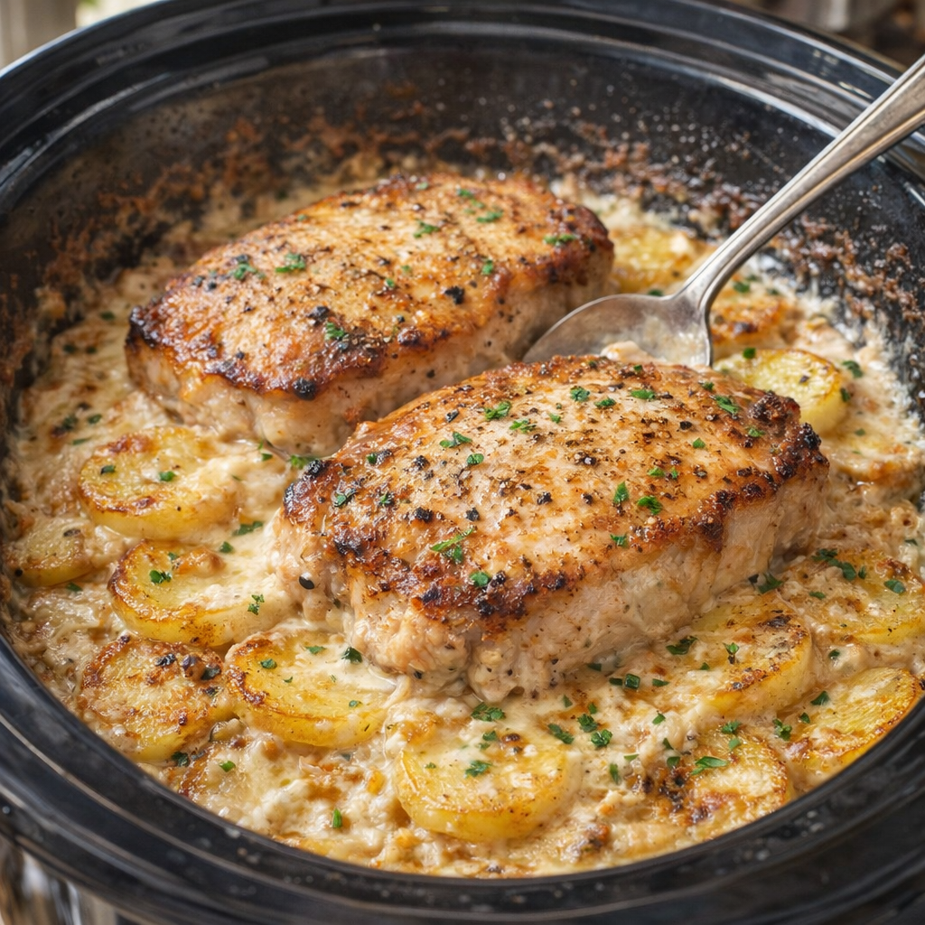 Slow cooker pork chops and scalloped potatoes served family-style