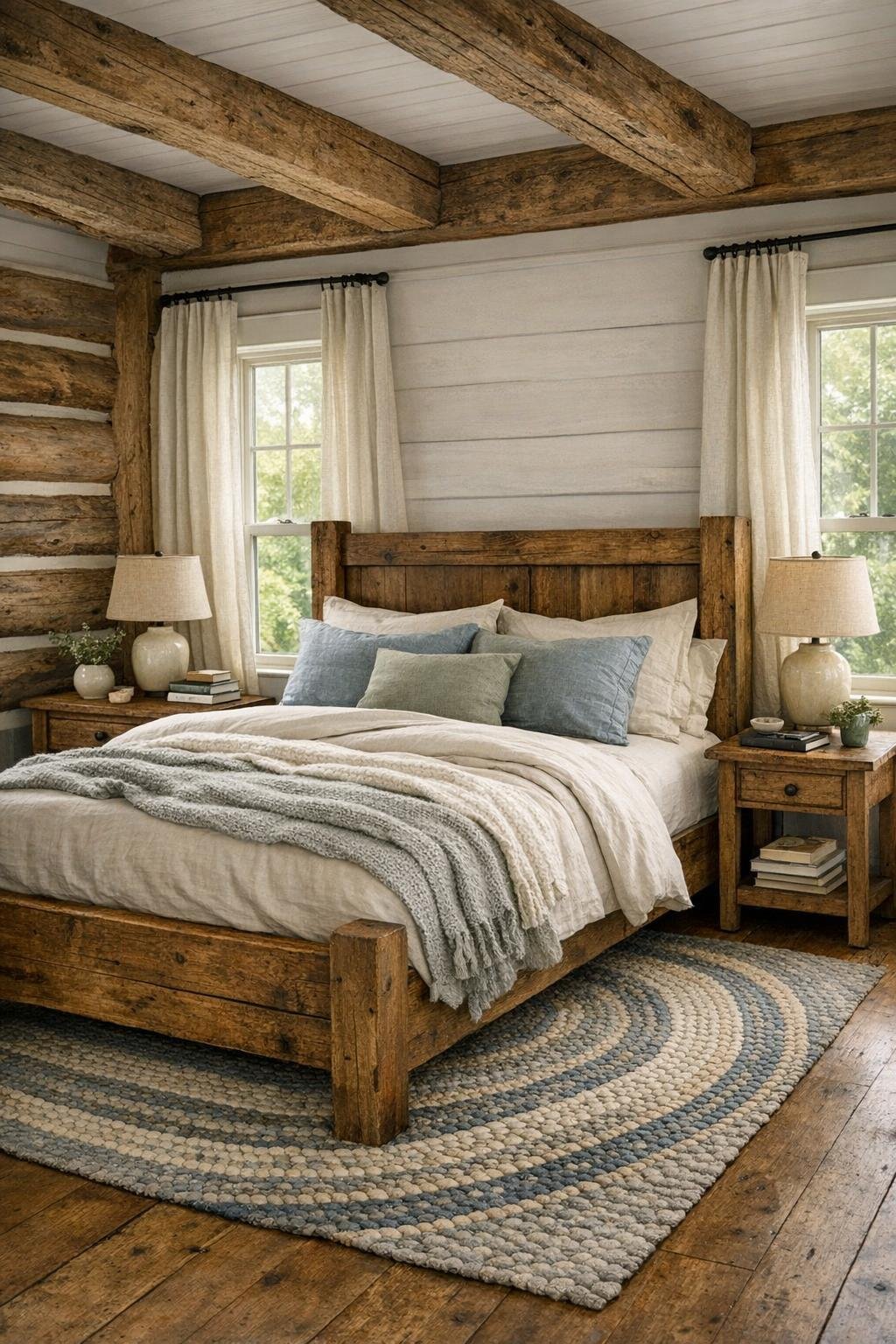 Cozy rustic bedroom with a wood bed, layered neutral linens, and soft window light