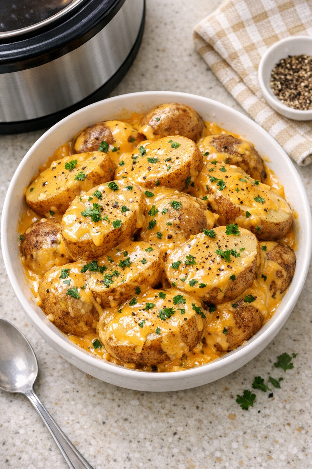 Finished cheesy slow cooker potatoes in a serving dish