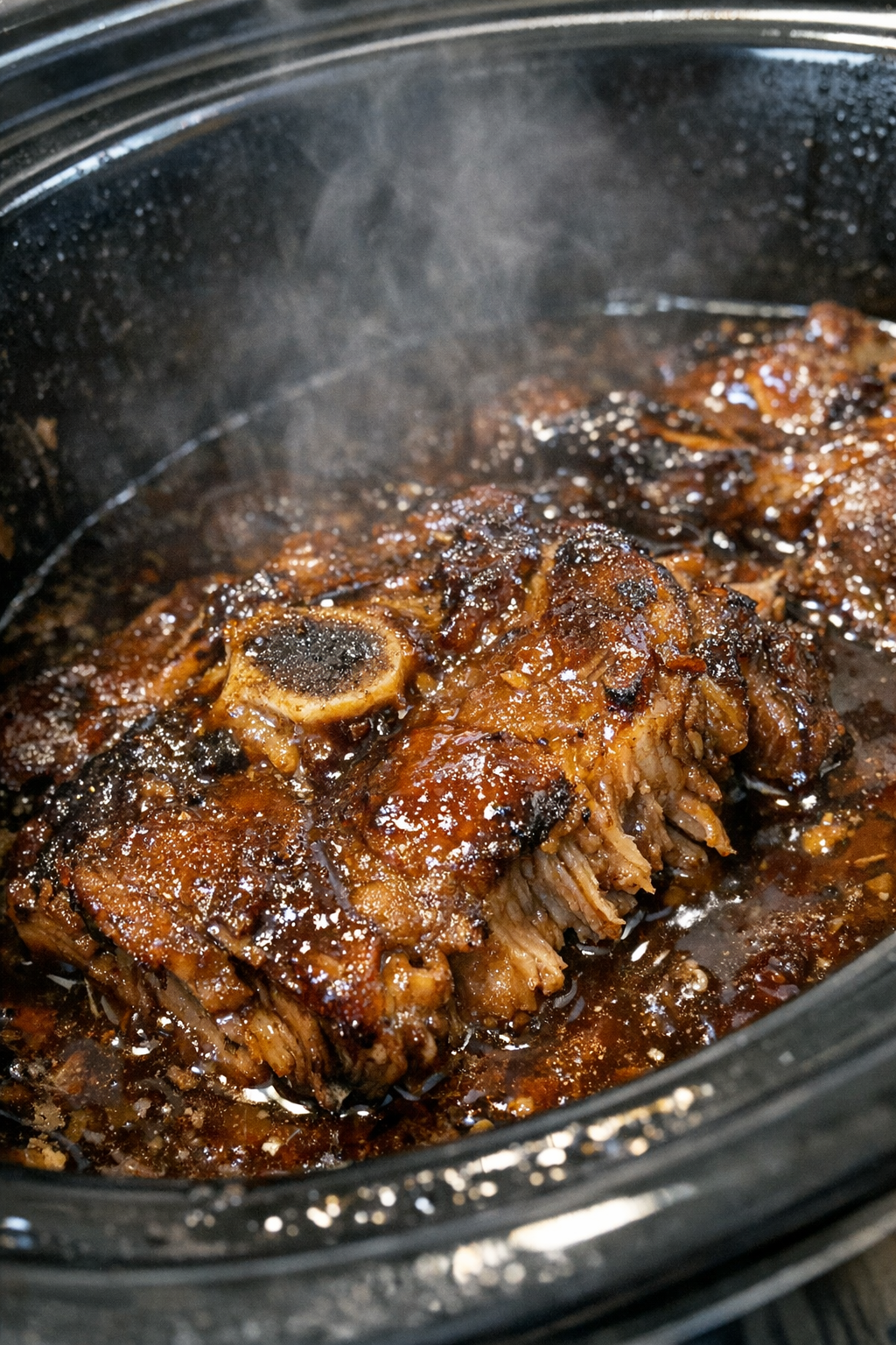 Slow cooker pork shoulder steaks in dark amber sauce