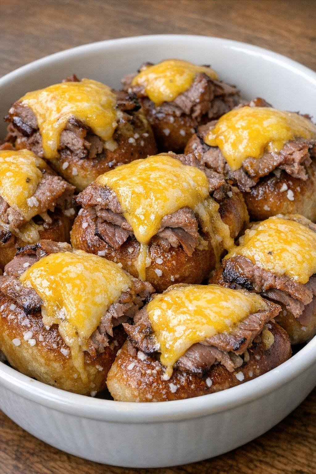 Finished beef pretzel bites with melted cheddar