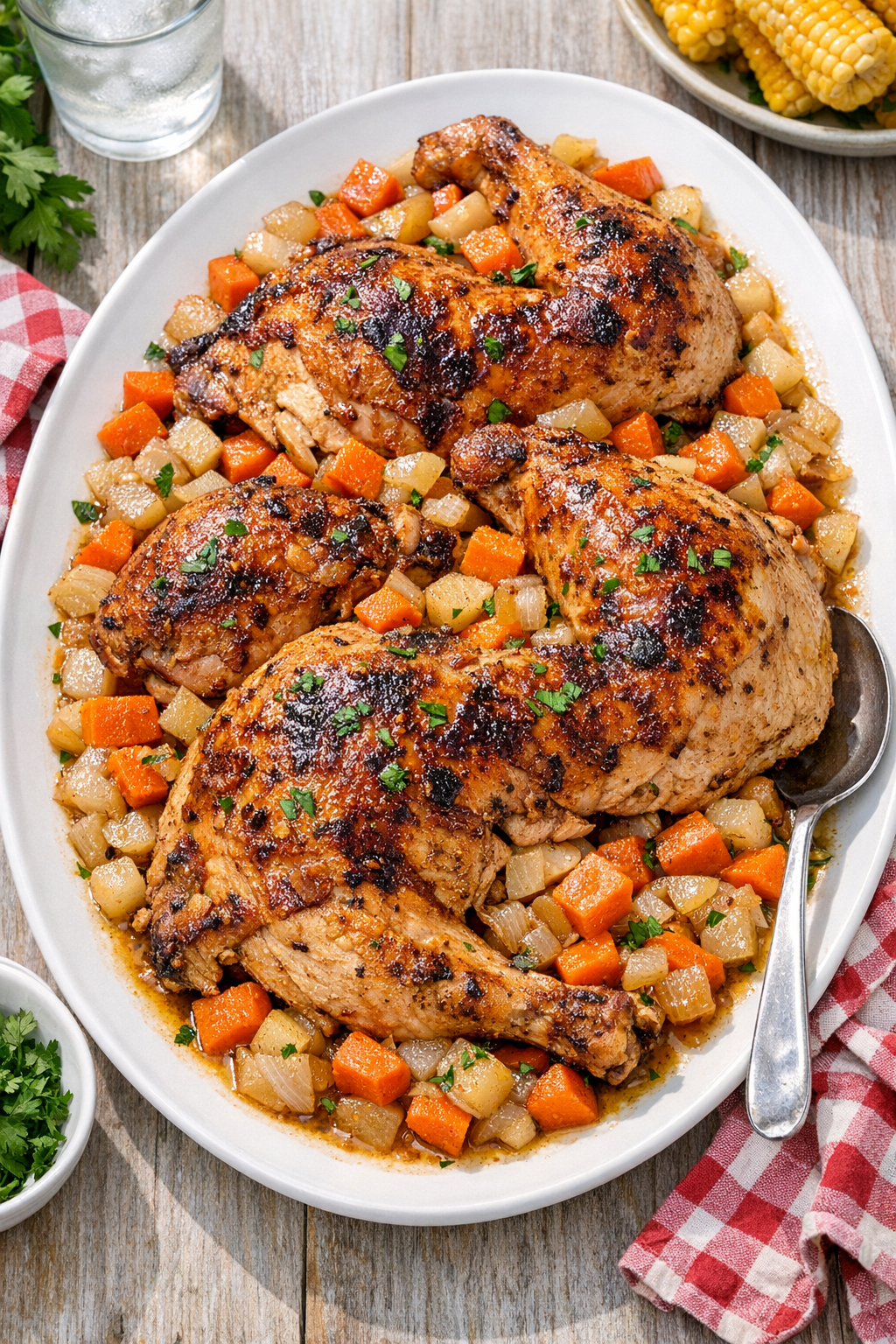 Finished slow cooker chicken platter with tender chicken and vegetables