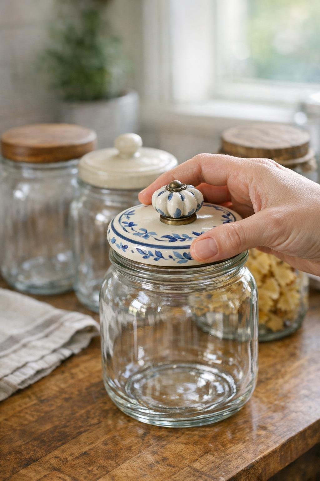 Finished lids being screwed onto clear glass jars