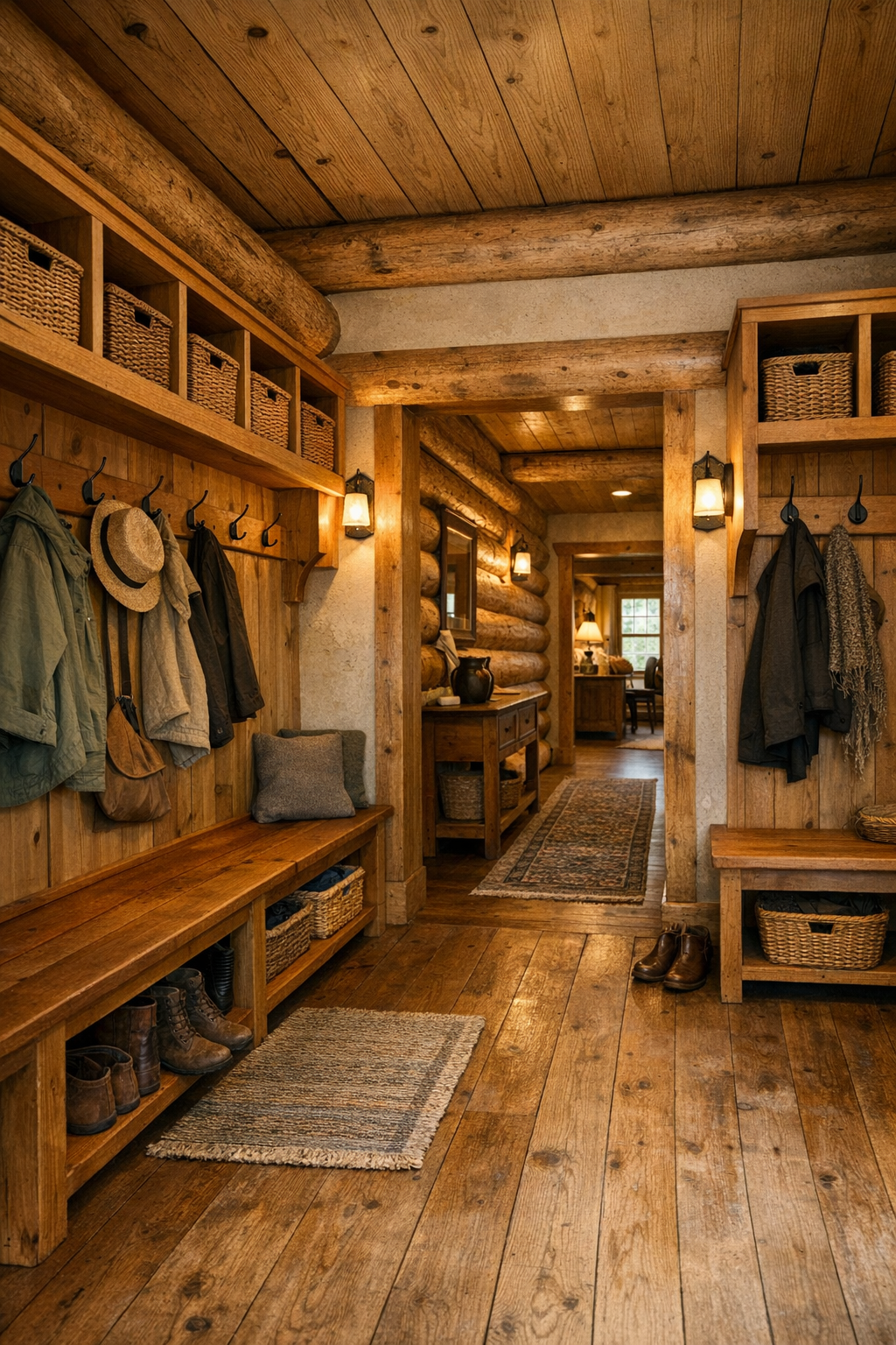Thoughtful mudroom and hallway with built-in bench, wood storage, and warm finishes