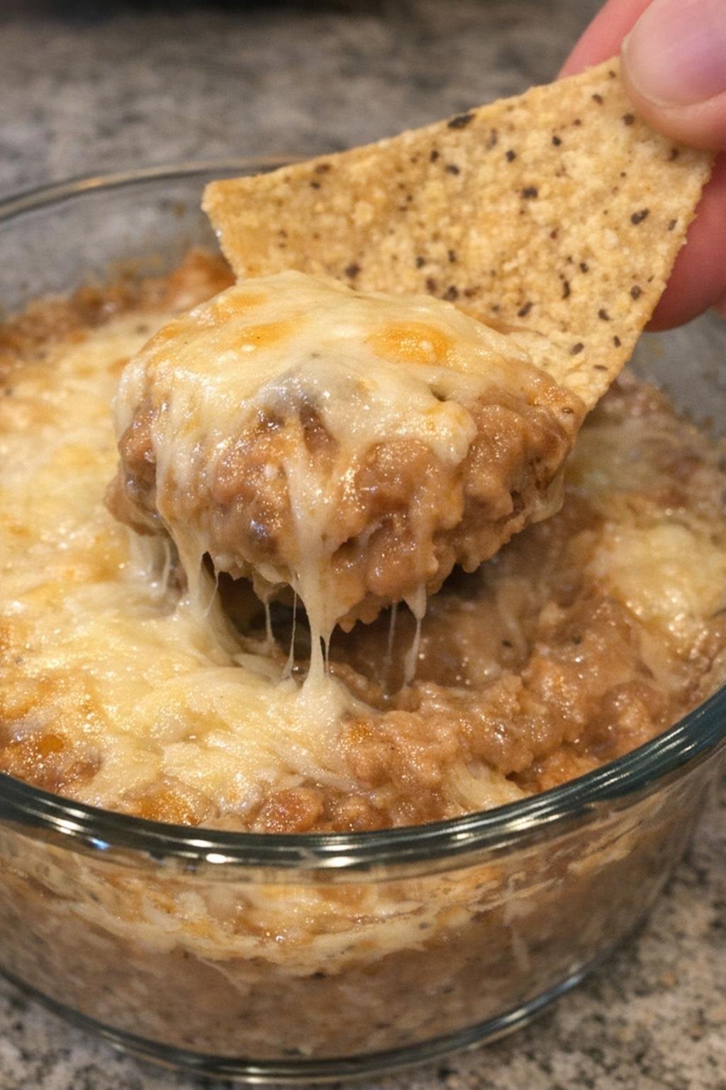 3-ingredient bean caldwell dip in a glass bowl with a tortilla chip scooping it