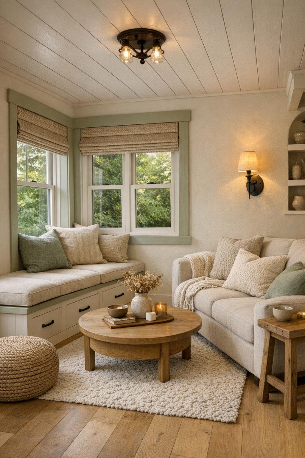 Tiny living room with sage and oat tones, built-in bench seating, oak floors, and soft layered lighting
