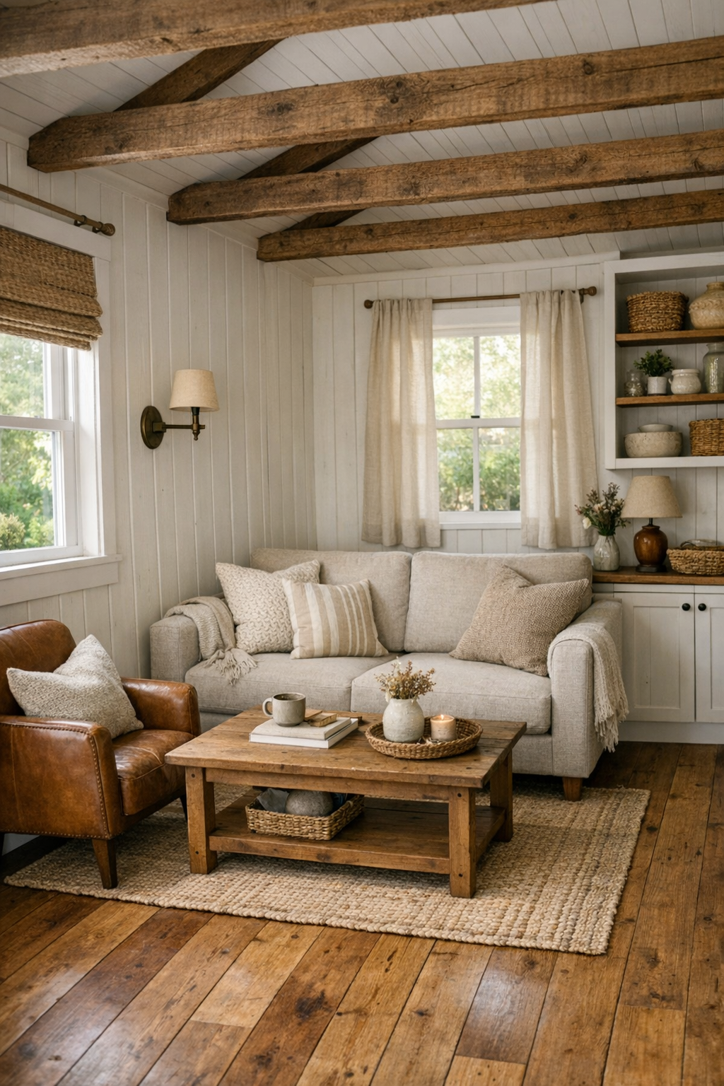 Cozy tiny home living room with warm wood floors, white paneled walls, and compact neutral seating