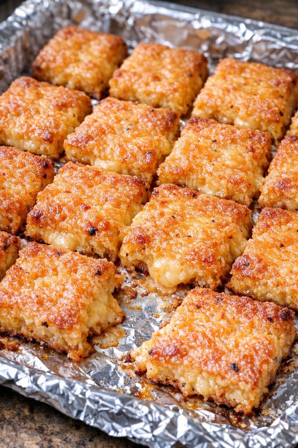 Southern 4-ingredient spicy cheese squares on a foil-lined baking tray